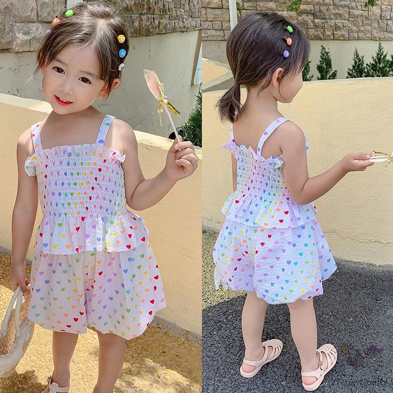 Set Đồ Mùa Hè 2 Món Gồm Áo Thun In Hình Trái Tim + Quần Ngắn Thời Trang Hàn Quốc Cho Bé Gái