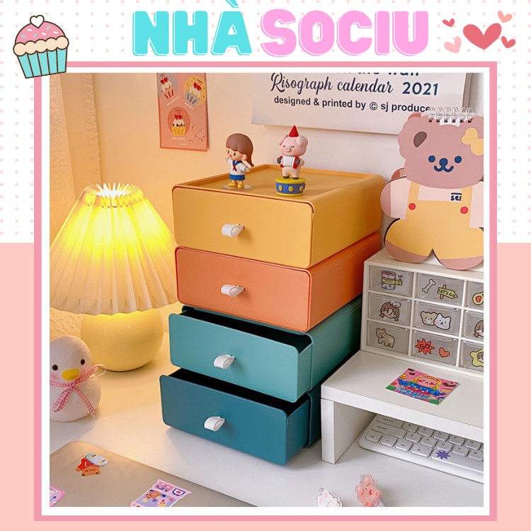 Hộp đựng để bàn màu Morandi, giá ngăn kéo nhiều tầng, kết hợp làm kệ đựng mỹ phẩm dung tích lớn Sociu