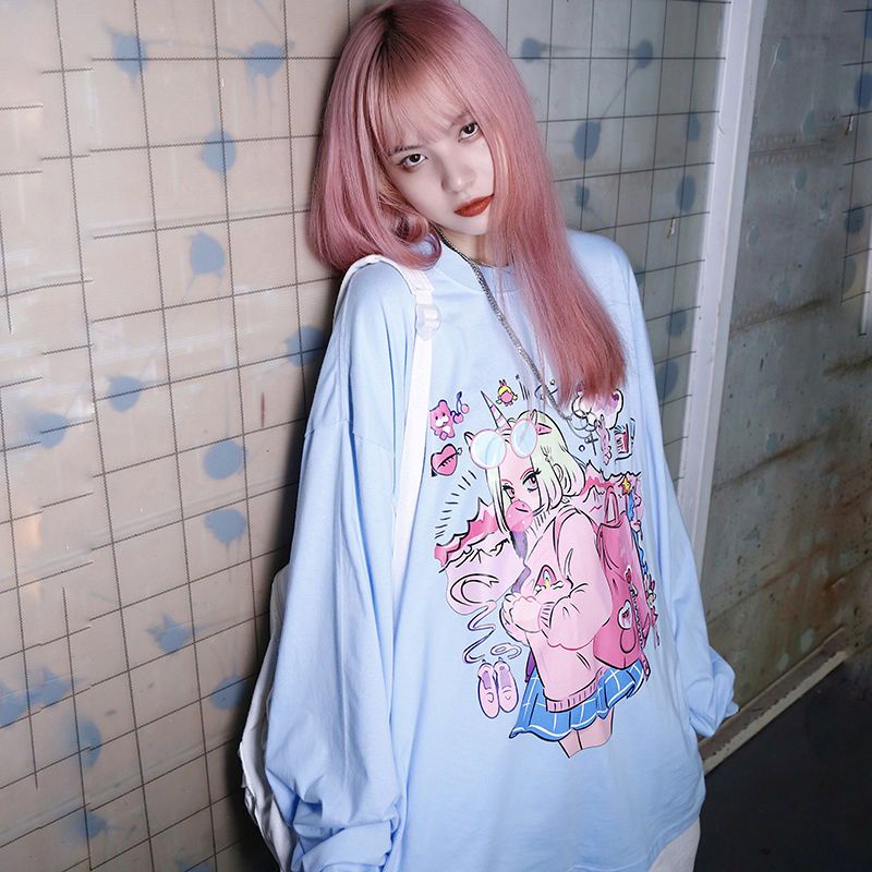 ☤Áo Thun In Hình Anime Đẹp Mắt☤Áo Thun Nữ Tay Dài Dáng Rộng Có In Hình Truyện Tranh Phong Cách Harajuku