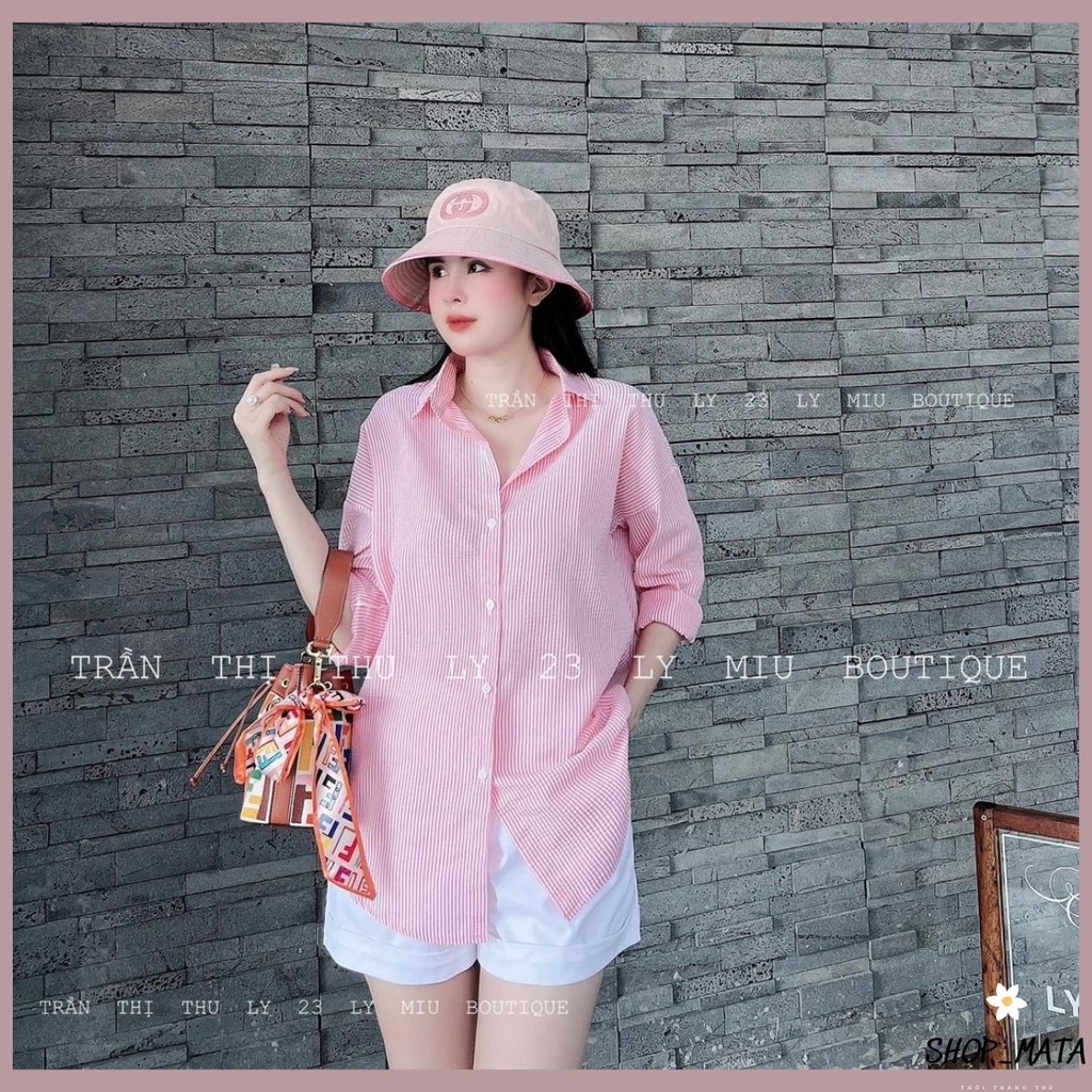 Áo sơ mi dài tay sọc hồng, mix với quần sooc trắng nữ tính ngọt ngào. | BigBuy360 - bigbuy360.vn
