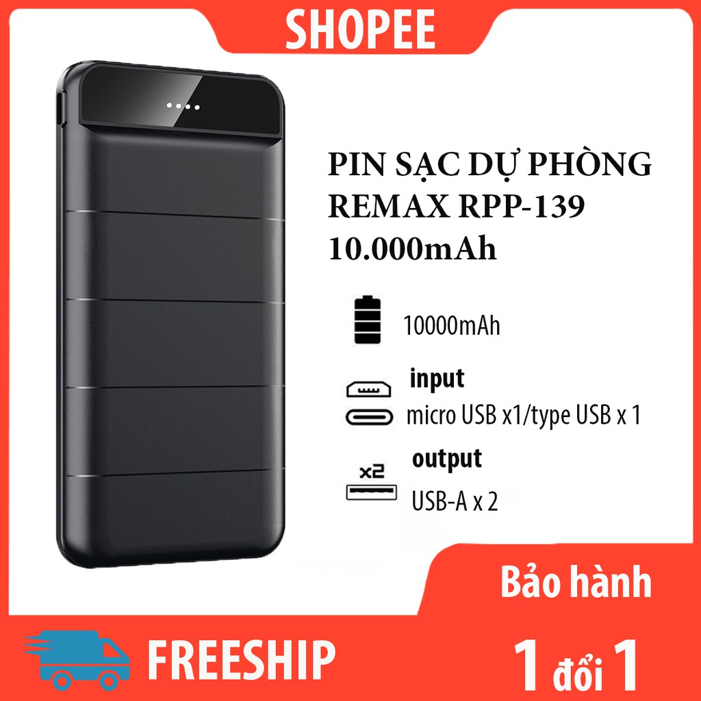 [Bh 12T] Pin Sạc Dự Phòng Remax Rpp-139 10.000Mah Tích Hợp 3 Cổng Sạc Input Là Lightning, Micro, Type C Iện Lợi
