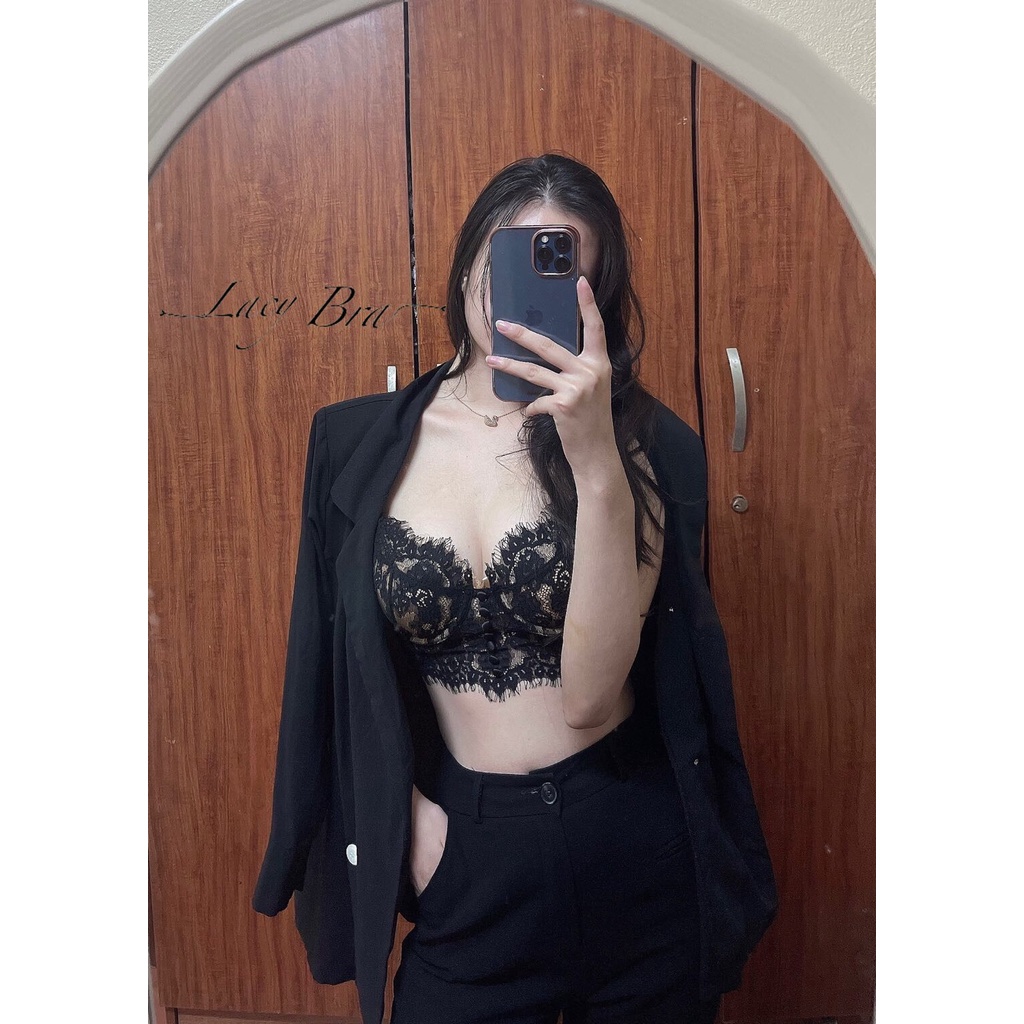 Bộ Bralette Có Gọng Nâng Ngực Cúc Giữa Ren Mềm Sexy Phối Quần Lọt Khe Lacy Bra - B08