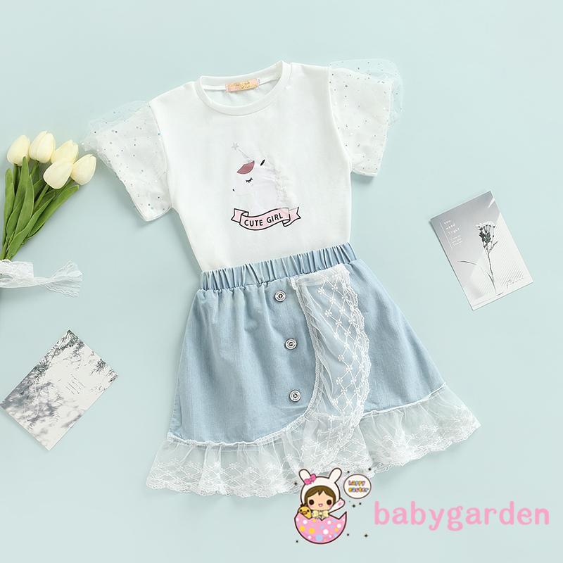 Bộ áo thun tay ngắn in hoạt hình + Chân váy jean phối lưới thời trang mùa hè cho bé gái 2-7 tuổi