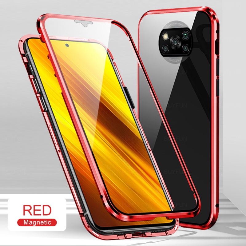 Ốp Điện Thoại Kính Cường Lực Hai Mặt Viền Kim Loại Nam Châm Cho Xiaomi POCO M3 F3 X3 NFC K20 K40 MI 11T 11TPro 11