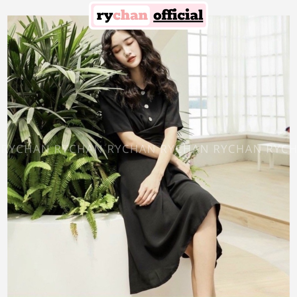 Đầm Váy Sơ Mi Nữ Cách Tân Nút Trước Chéo Eo Cực Thanh Lịch Màu Hồng Ruốc Xanh Đen - DX9886