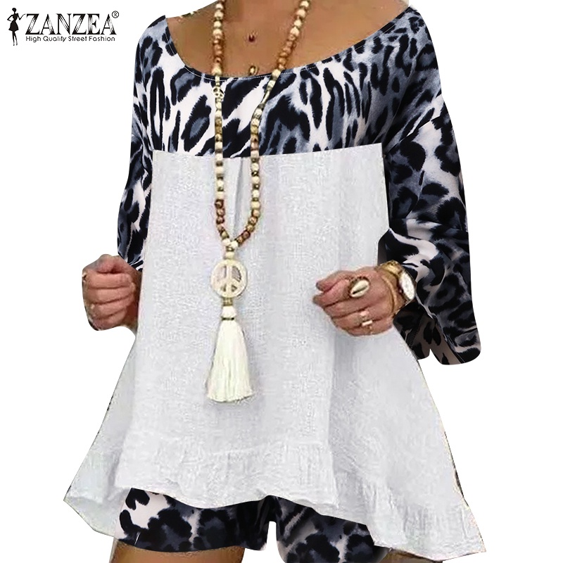 Bộ áo ZANZEA tay 3/4 in họa tiết da báo phối quần ngắn thời trang cho nữ
