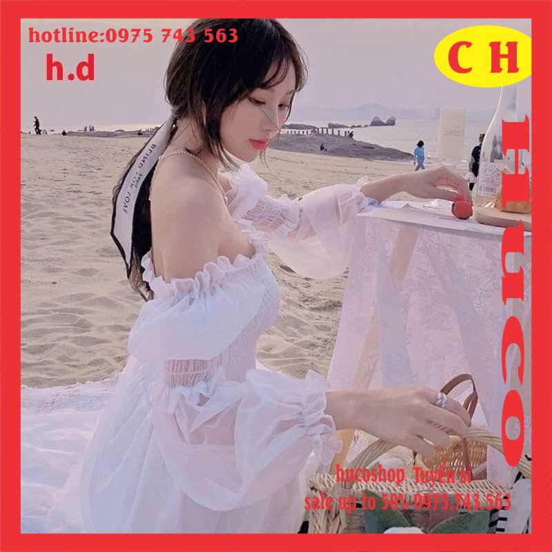 Váy trắng nữ trễ vai xoè hai tầng tay bồng chất voan có lớp lót trong form chuẩn ảnh Style Hàn quốc freesize