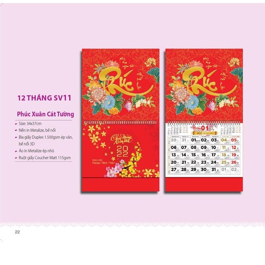 Lịch Treo Tường 2022 - Lịch Âm Dương 12 tờ 30x40cm mỗi tháng là 1 tờ, Lịch Tết 2022 NHÂM DẦN