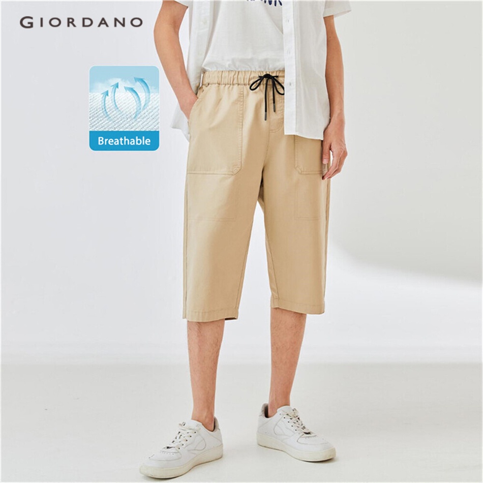 Quần GIORDANO 01122345 dài 7 tấc cạp chun mỏng nhẹ với dây rút chất 100% cotton thoải mái mùa hè cho nam