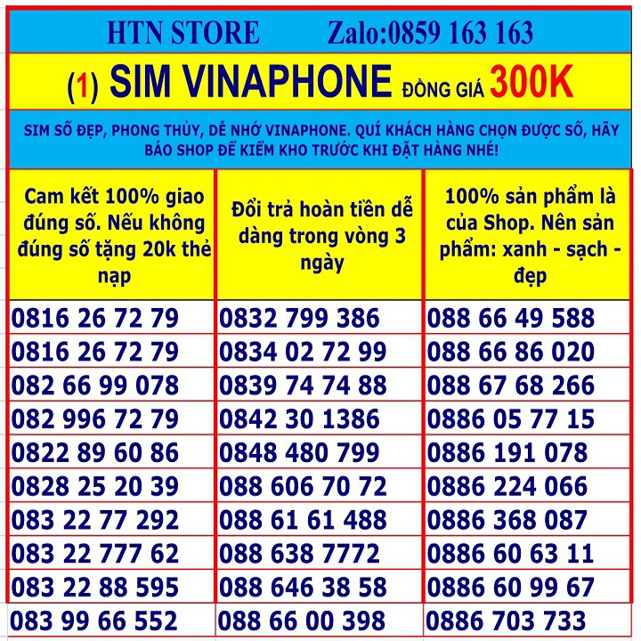 Sim số đẹp vina giá rẻ đồng giá 300k