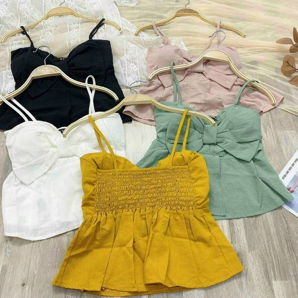 Áo kiểu hai dây nơ to trước ngực QC cục hot , chất đũi mềm mịn
