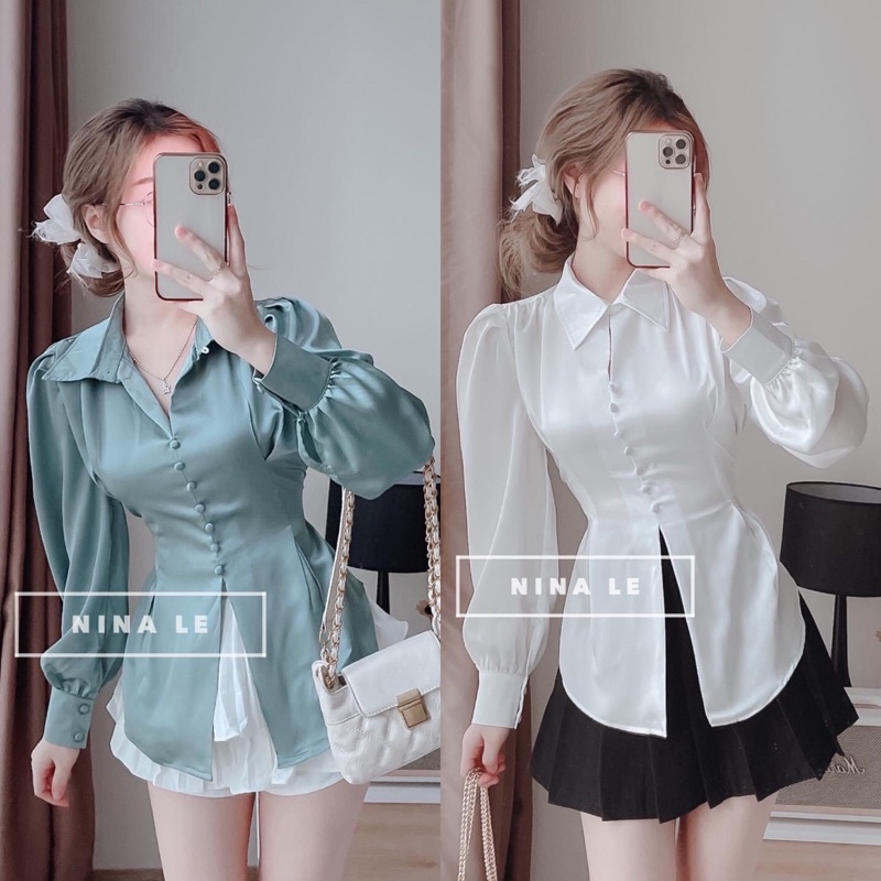 Áo Sơ Mi Nữ Linen Cổ Trụ Tay Bồng Kèm Túi Vuông Trước Ngực Phong Cách Hàn Quốc Ảnh Thật Tự Chụp