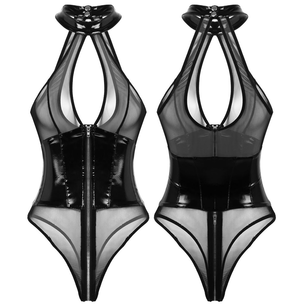 Bộ Đồ Ngủ Liền Thân Chất Liệu Da Bóng Phối Lưới Có Khóa Kéo Quyến Rũ Cho Nữ | BigBuy360 - bigbuy360.vn