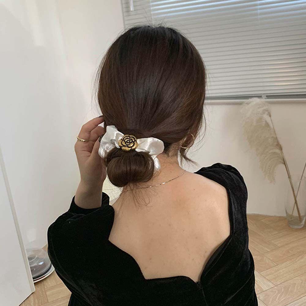 Dây Buộc Tóc Vải Satin Trắng Đen Cỡ Lớn Kiểu Đơn Giản WMES15H