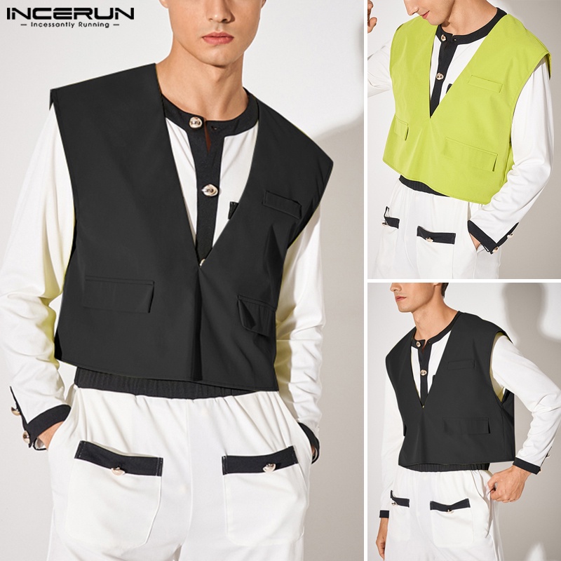 Áo ghi lê INCERUN cổ chữ v màu trơn phong cách hippy punk thời trang dự tiệc cho nam giới