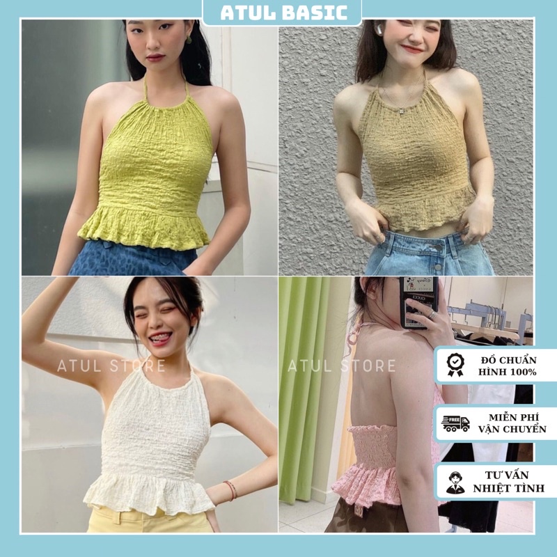 Áo Kiểu Nữ, Áo Cổ Yếm Croptop Hở Lưng Thân Nhún Xoè Chất Dầy Dặn Form Xinh Xắn Tôn Dáng - Loni Croptop