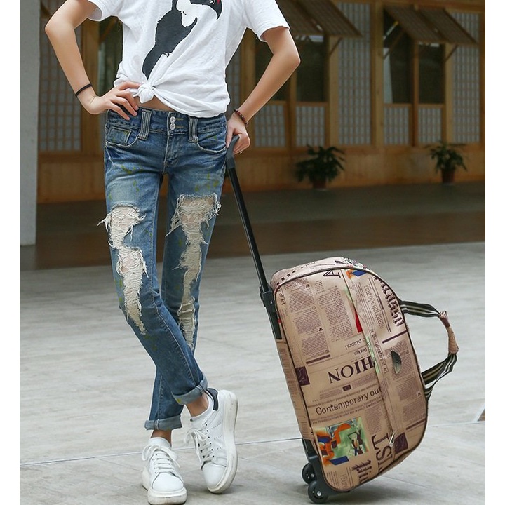 Túi kéo du lịch họa tiết có bánh xe, túi xách tay du lịch size 24 inch TK-MAU1