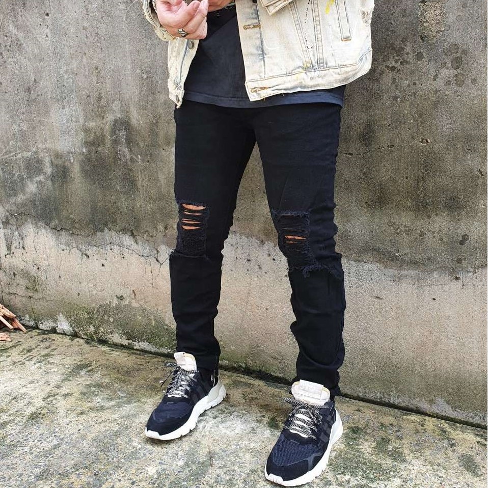 Quần jean đen nam Streetwear DATINO form Skinny co giãn ống khóa Zipper, bền màu