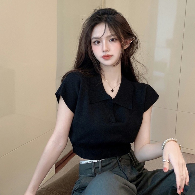 QKOOLE  Áo thun ôm cổ bẻ phong cách Hàn Quốc cho nữ