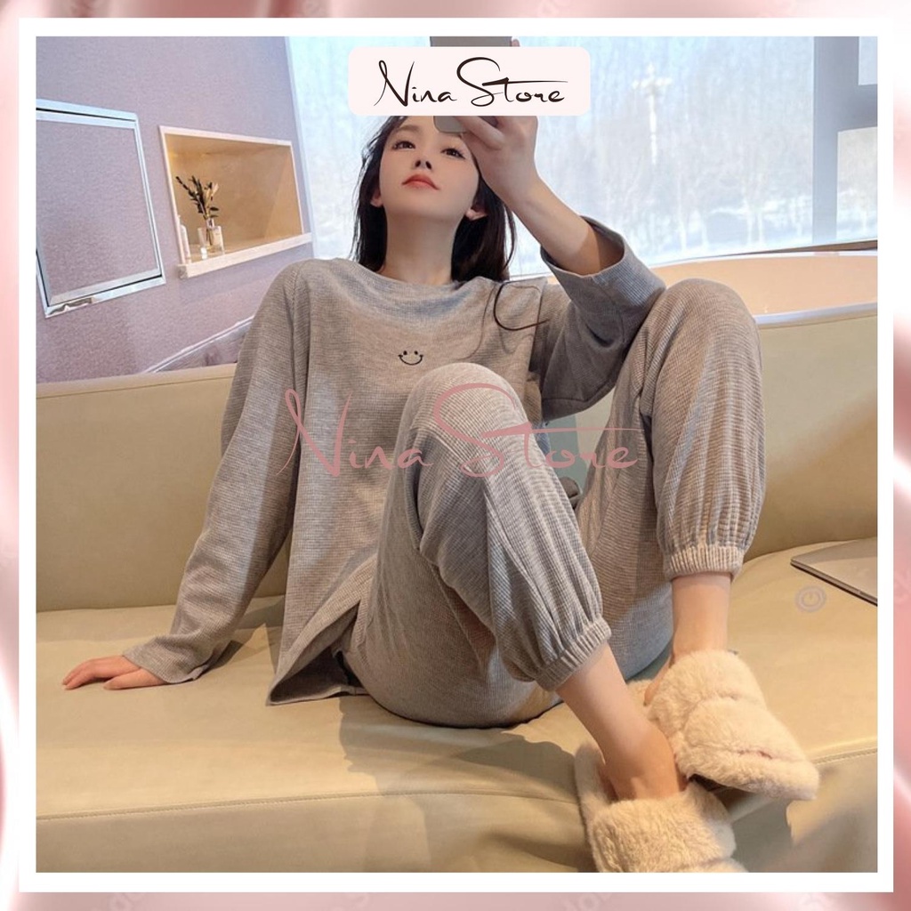 Sét bộ áo thun nữ tay dài mặt cười mix quần jogger dễ thương style thu đông trẻ trung NinaStore