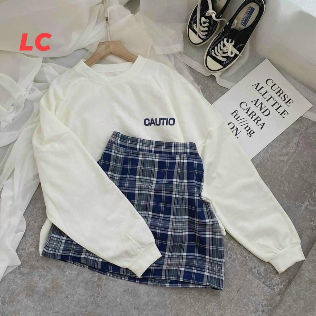 Set áo dài tay chân váy kẻ 💖FREESHIP💖set in chữ CAUTIO mix chân váy kẻ caro xanh AD14 SUNNY | BigBuy360 - bigbuy360.vn
