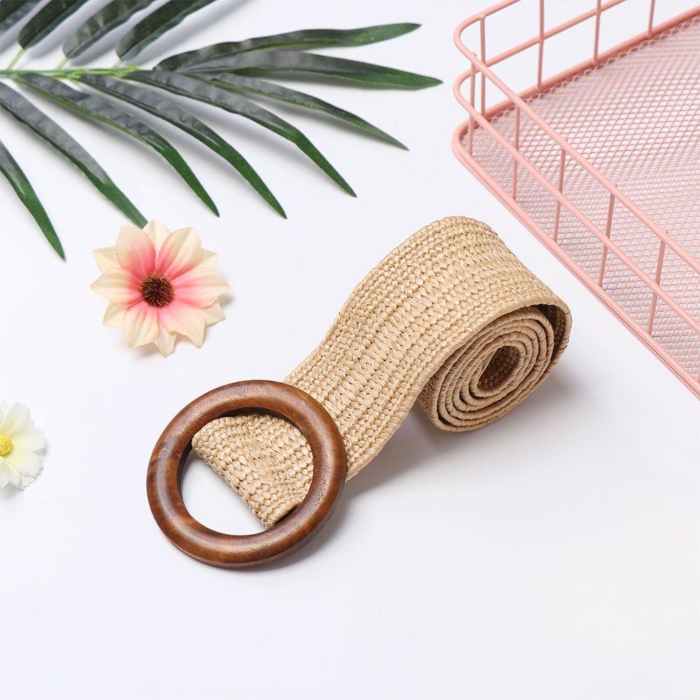 Thắt Lưng Bằng Rơm Co Giãn Mặt Gỗ Tròn Thời Trang Cho Nữ