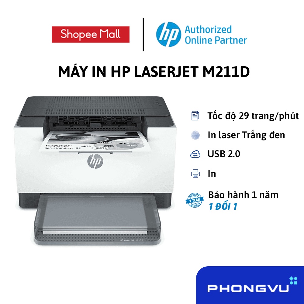 [Mã ELHP500 giảm 10% đơn 500K] Máy In HP LaserJet M211d - 9YF82A - Bảo hành 12 tháng