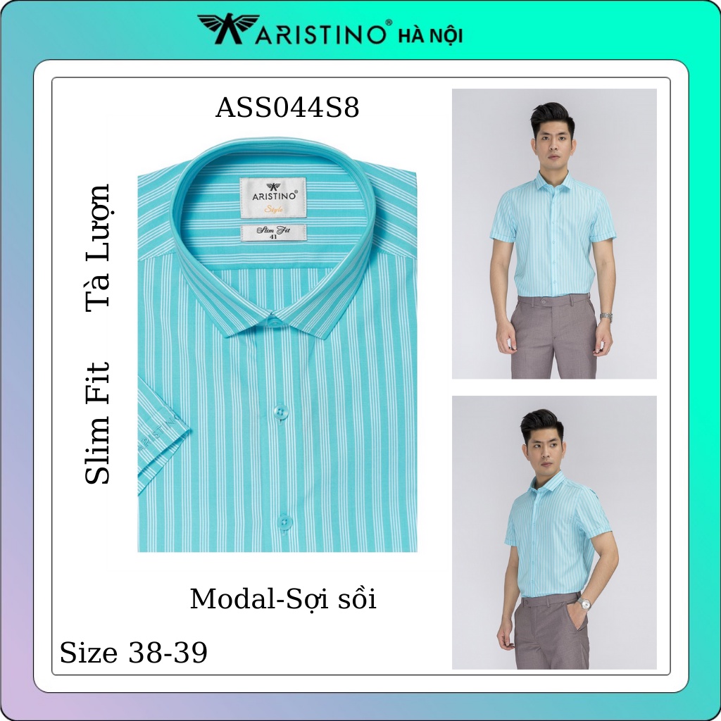 Áo sơ mi nam ngắn tay ARISTINO ASS044S8 màu xanh ngọc sọc dọc, chất modal sợi sồi, dáng slimfit, tà lượn