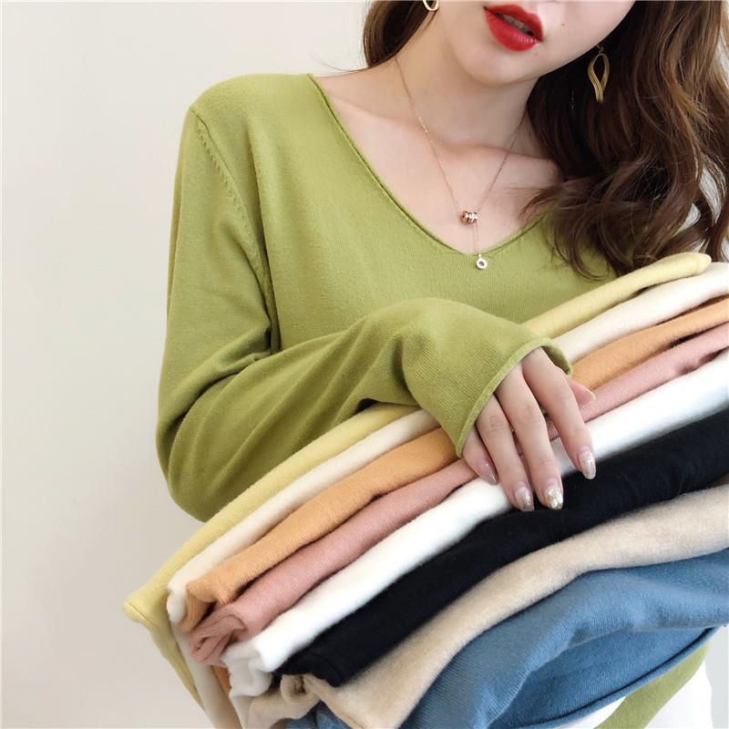 Áo sweater dáng rộng tay dài cổ chữ V trẻ trung thời trang cho nữ