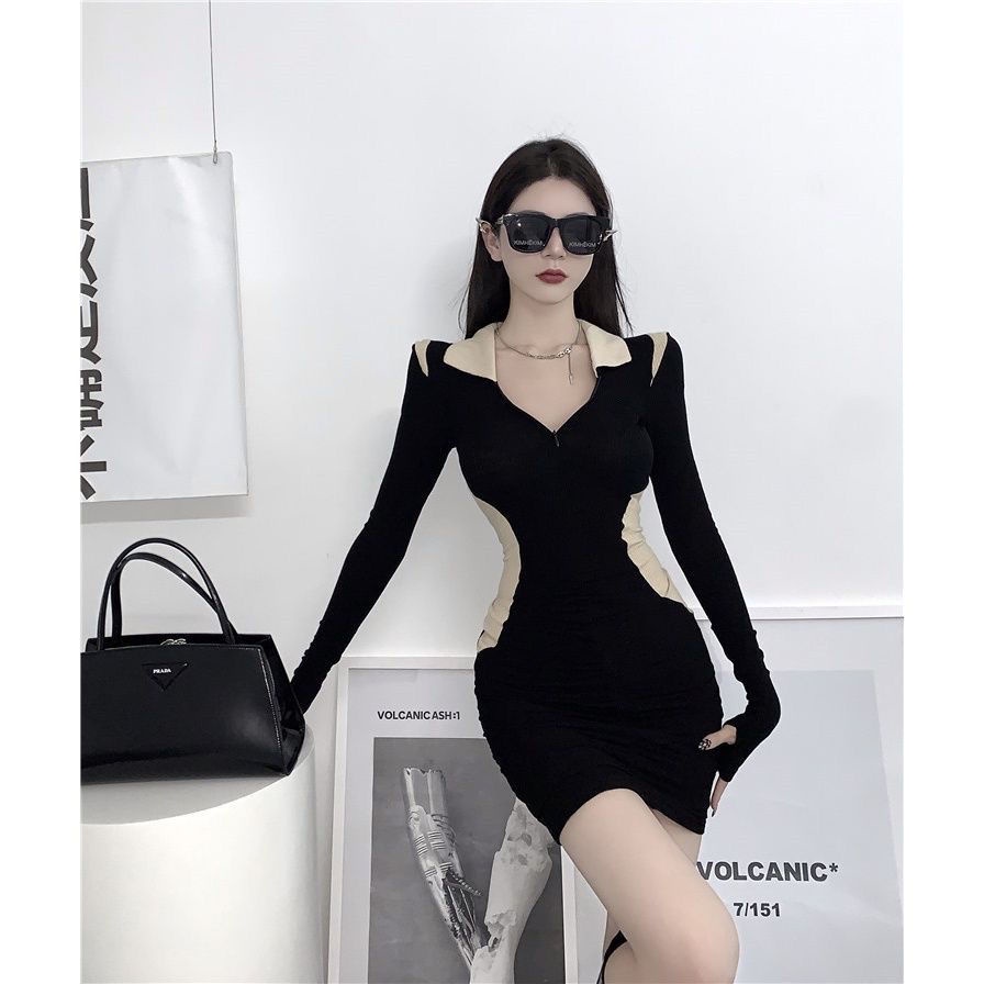 Đầm cổ POLO tay dài ôm eo thời trang thu đông hàng mới dành cho bạn nữ 2021