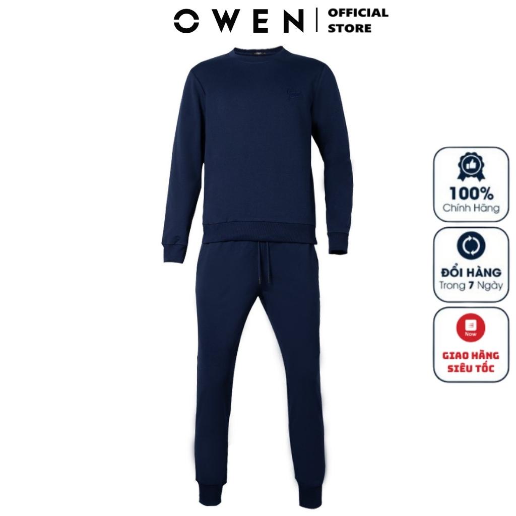 Bộ Đồ Thu Đông Mặc Nhà Nam OWEN BMN221187 Vải Thun CVC Màu Navy Dáng Suông Áo Dài Tay Cổ Tròn Quần Cạp Chun Bo Gấu