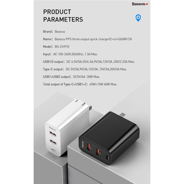 Củ sạc siêu nhanh Baseus ( EU910 ) công xuất 60W Sạc Nhanh Quick Charge 4.0 3.0 2 cổng USB Đa Năng Sạc Cho iPhone Xiaomi