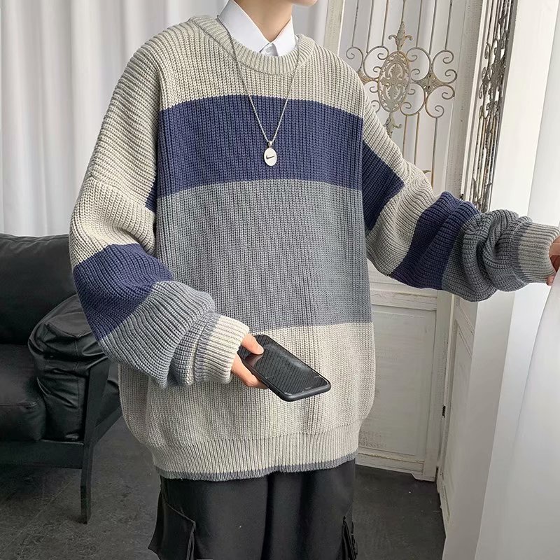 Áo sweater dệt kim cổ tròn tay dài dáng rộng màu sắc tương phản phong cách thời trang Hong Kong cho nam size M-2XL