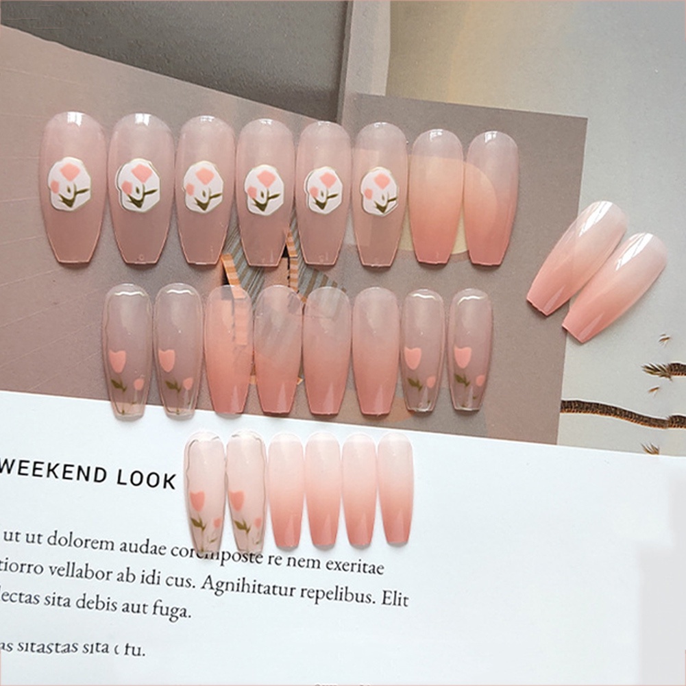 YADORNOS Set 24 móng tay giả YADORNOS họa tiết hoa tulip hồng bao phủ toàn diện