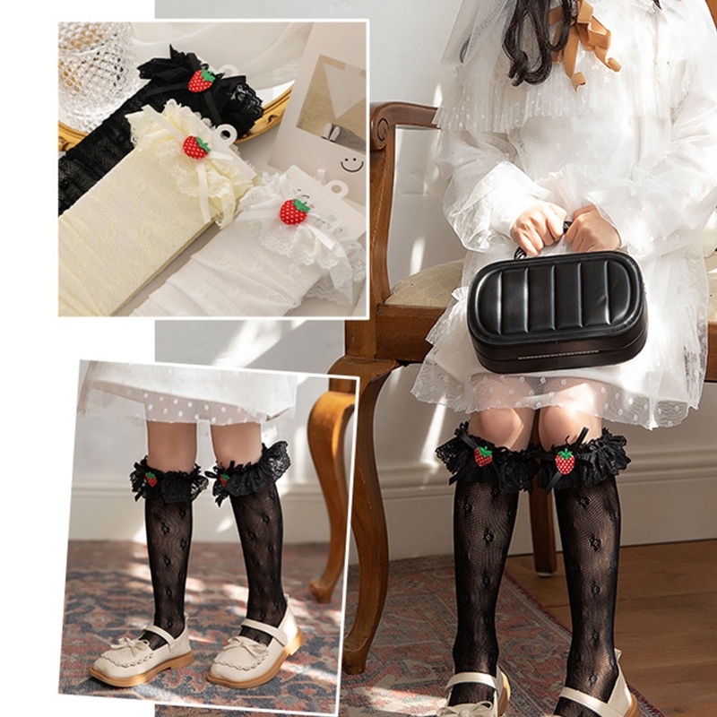Tất Cổ Cao Phối Ren Họa Tiết Dâu Tây Xinh Xắn Theo Phong Cách Lolita Dành Cho Bé Gái