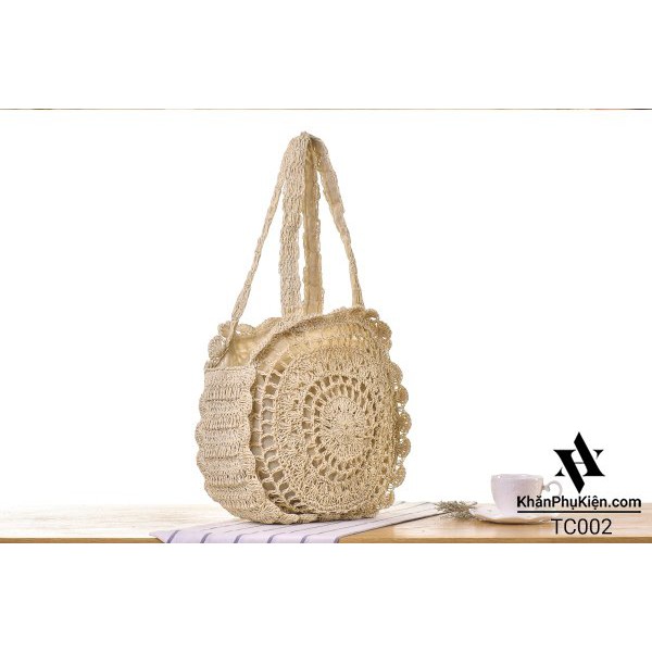 [NowShip - Giao Ngay] Túi Cói Boho Vintage Đeo Vai Hình Tròn Họa Tiết Màu Nâu Trơn