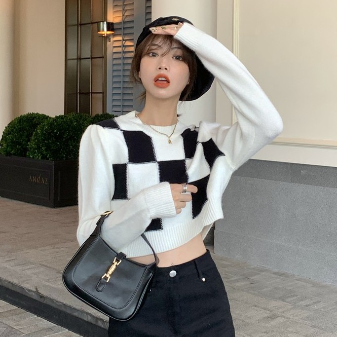 QADCOL Áo Dệt Kim Tay Dài Form Rộng Họa Tiết Sọc Caro Trắng Đen Thời Trang Cá Tính