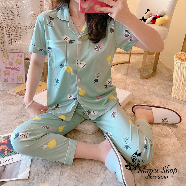 Bộ Pijama Cộc Tay, Quần Dài Mùa Hè, Mùa Thu - Phong Cách Hàn Quốc - Sợi Tơ Sữa Cao Cấp Mềm, Mịn - Siêu Dễ Thương