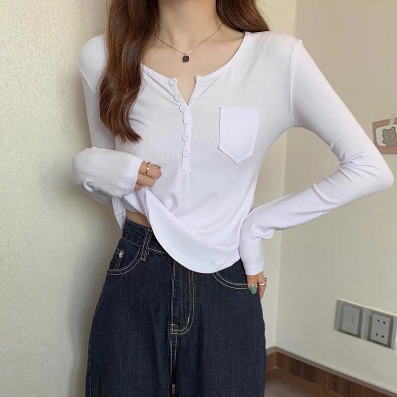 Áo TAY DÀI NÚT CÀI PHỐI TÚI vạt bầu hình thật