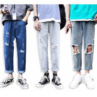 Korean-Style Men's Loose-Fit Tapered Jeans In Retro Wash Light Blue With Heavy Rips       2020 Summer New Arrival