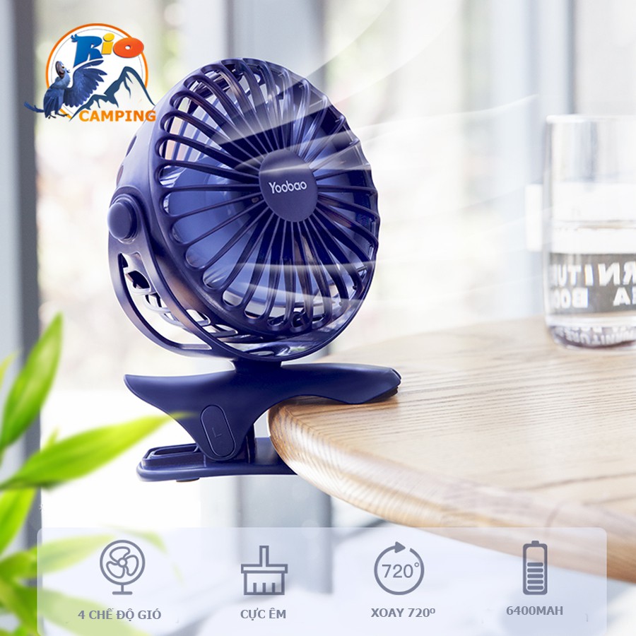 Quạt sạc Yoobao F04 mini xoay góc 720 độ, đế kẹp đa năng hoặc đặt bàn, với 4 nấc điều chỉnh gió