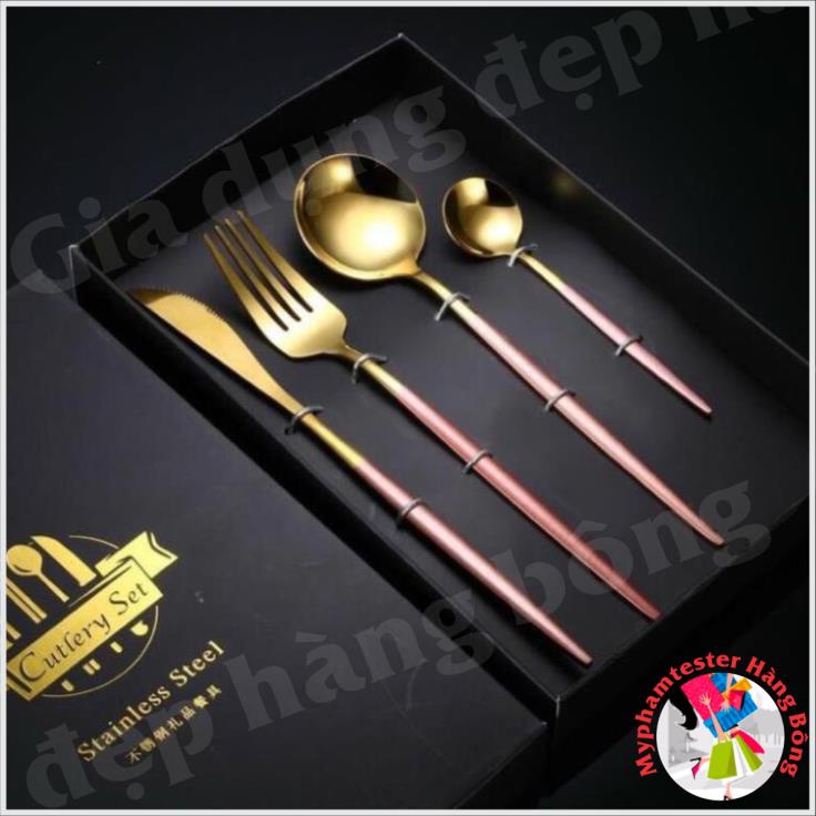 (HÀNG ĐẸP) Bộ thìa dĩa inox bạc và inox mạ vàng sang trọng - bán theo set 4 món