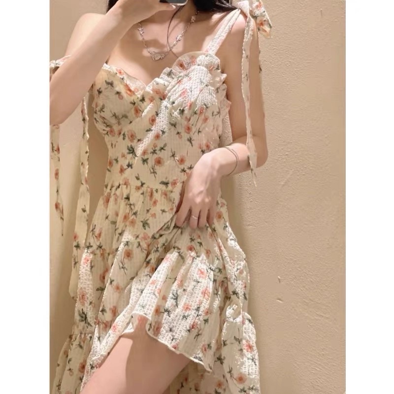 Set Đầm Hoa Nhí Đũi Xốp Buộc Nơ Vai + Áo Khoác Len Ren