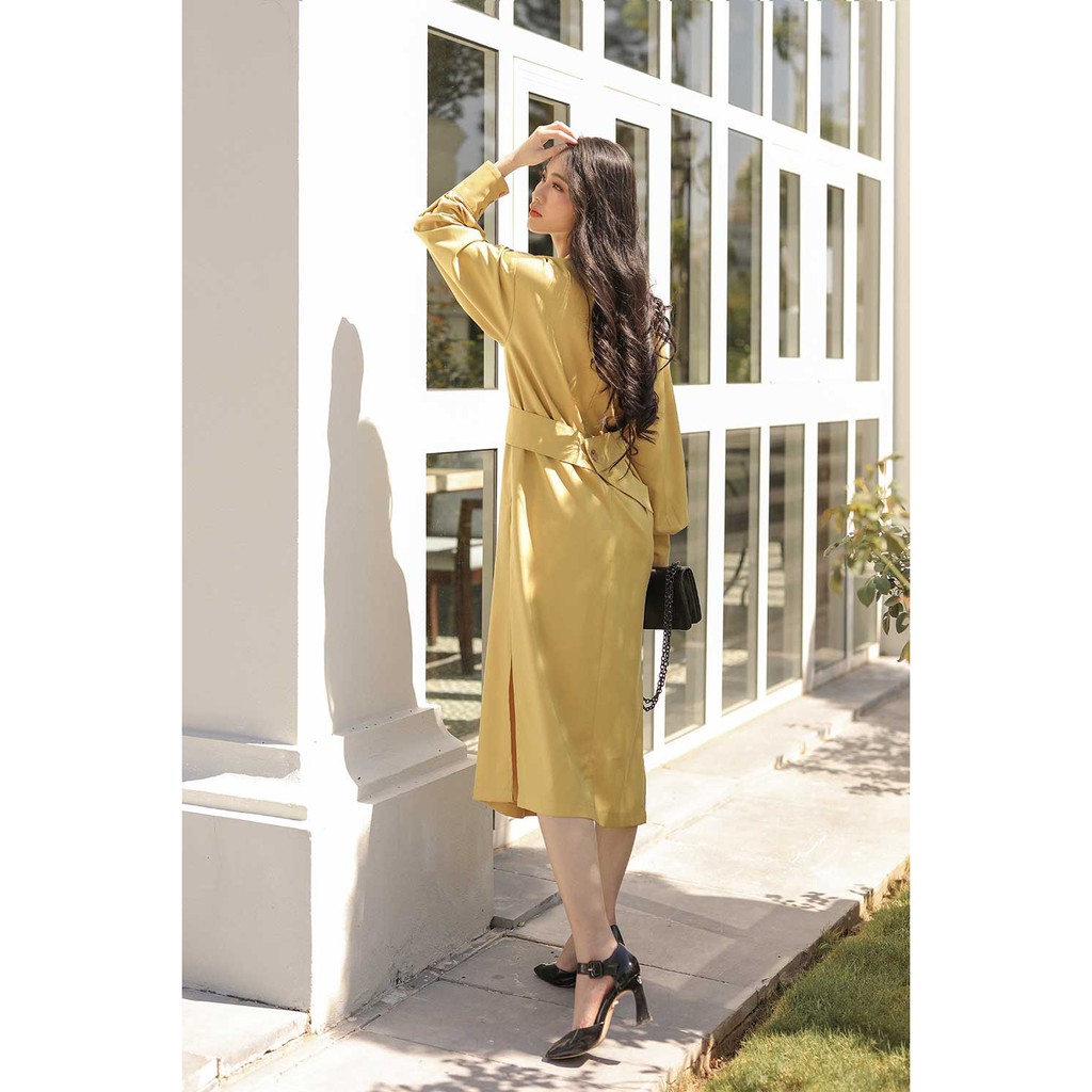 Váy đầm nữ xếp ly tà, đai eo sau lưng, cổ tròn, tay dài hàng thiết kế cao cấp TK Fashion - DK B47