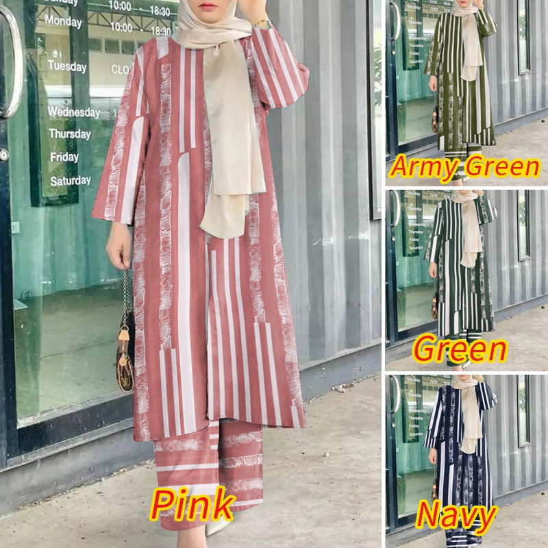 Set trang phục ZANZEA áo dáng dài tay dài và quần dài lưng thun ống rộng in họa tiết thời trang hồi giáo dành cho nữ