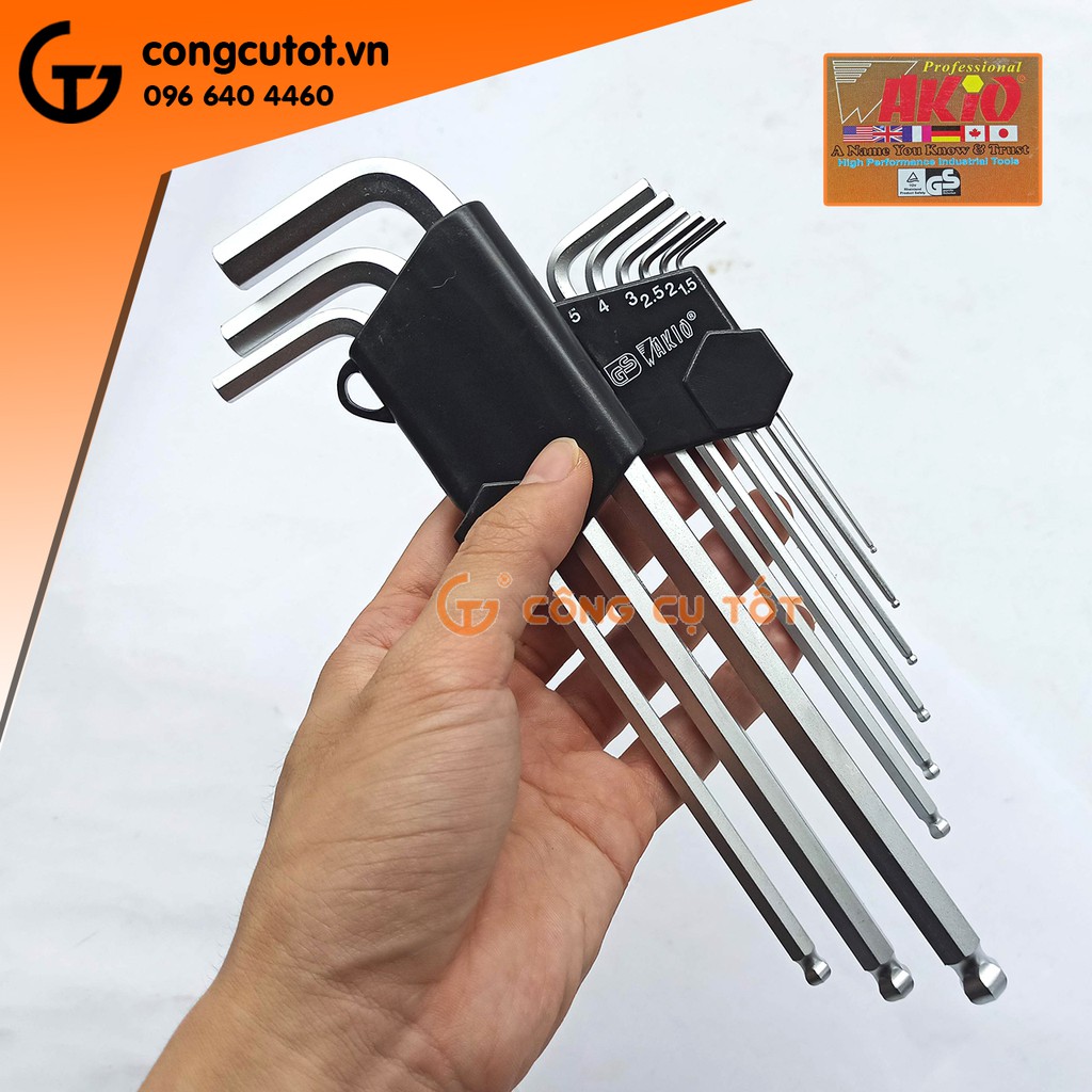 Bộ lục giác 9 cây đầu bi 1.5-10mm WAKIO thép S2 xi trắng loại dài 235mm