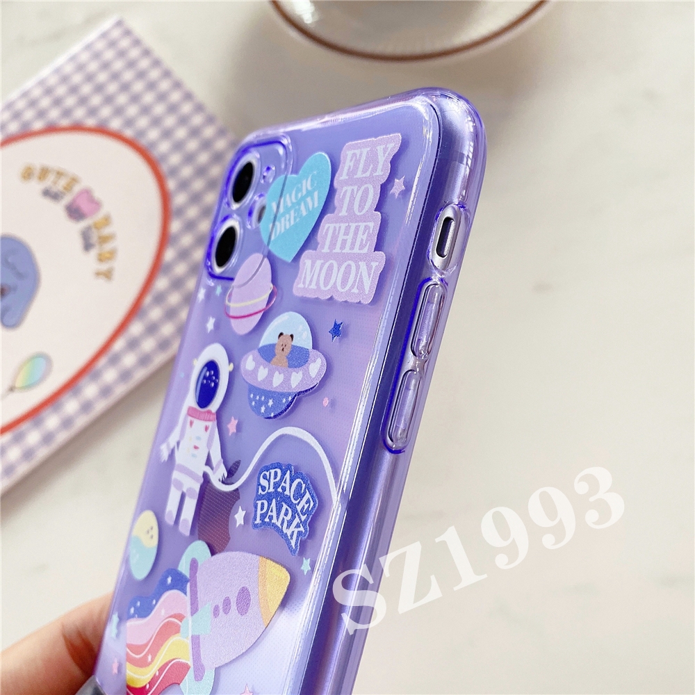 Ốp điện thoại TPU dẻo dạ quang in hình nhà du hành vũ trụ tím IPhone 11 Pro Max X XS XR XSMax 8 7 Plus