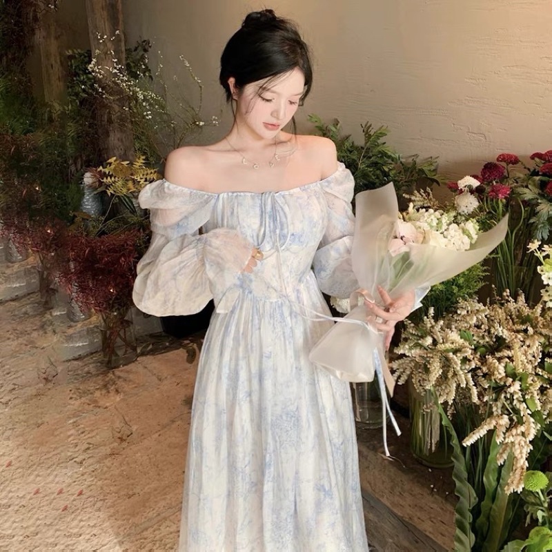 Đầm công chúa tay dài voan tơ xanh bo chun