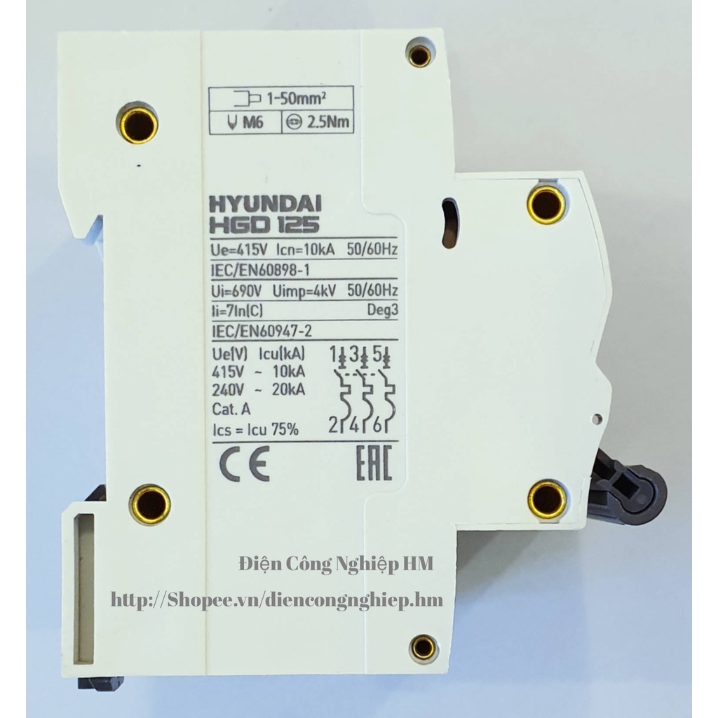 Aptomat MCB 3 Pha HGD125 Hyundai dòng 80A~125A Chính Hãng, Át Tô Mát Tép Cầu Dao Điện 3P Hyundai