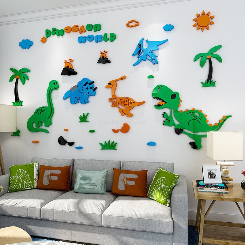 Tranh dán tường mica 3d decor khổ lớn khủng long trang trí mầm non, phòng cho bé Nhiều Size - EPeBen